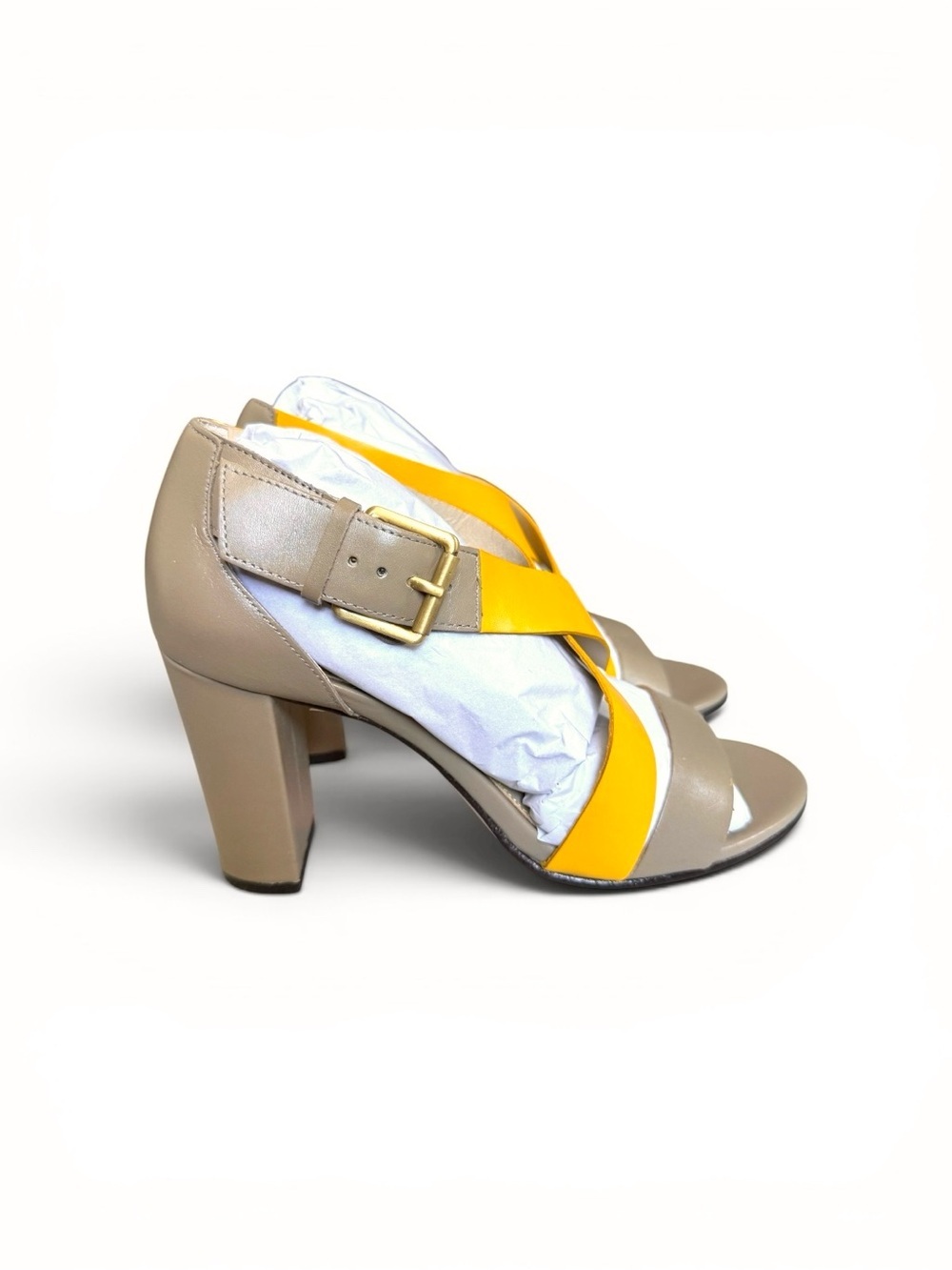 NWOT Boden Taupe and Yellow Crisscross Block Heel Sandals - Picture 5 of 7